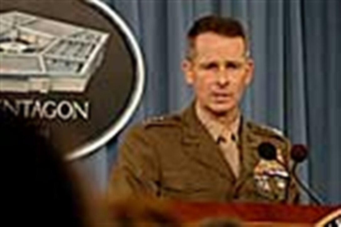 Chairman of the Joint Chiefs of Staff U.S. Marine Gen. Peter Pace holds a press conference at the Pentagon Jan. 5, 2006. The general told the press about his eight-day visit with U.S. troops and foreign leaders.