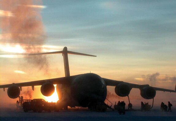 ANTARCTICA - A C-17 from McChord Air Force Base, Wash.,  sits on the ice in Antarctica after 446th Airlift Wing Reserve aircrews deliver cargo to McMurdo Station. (U.S. Air Force photo by Maj. Steve Mortensen)