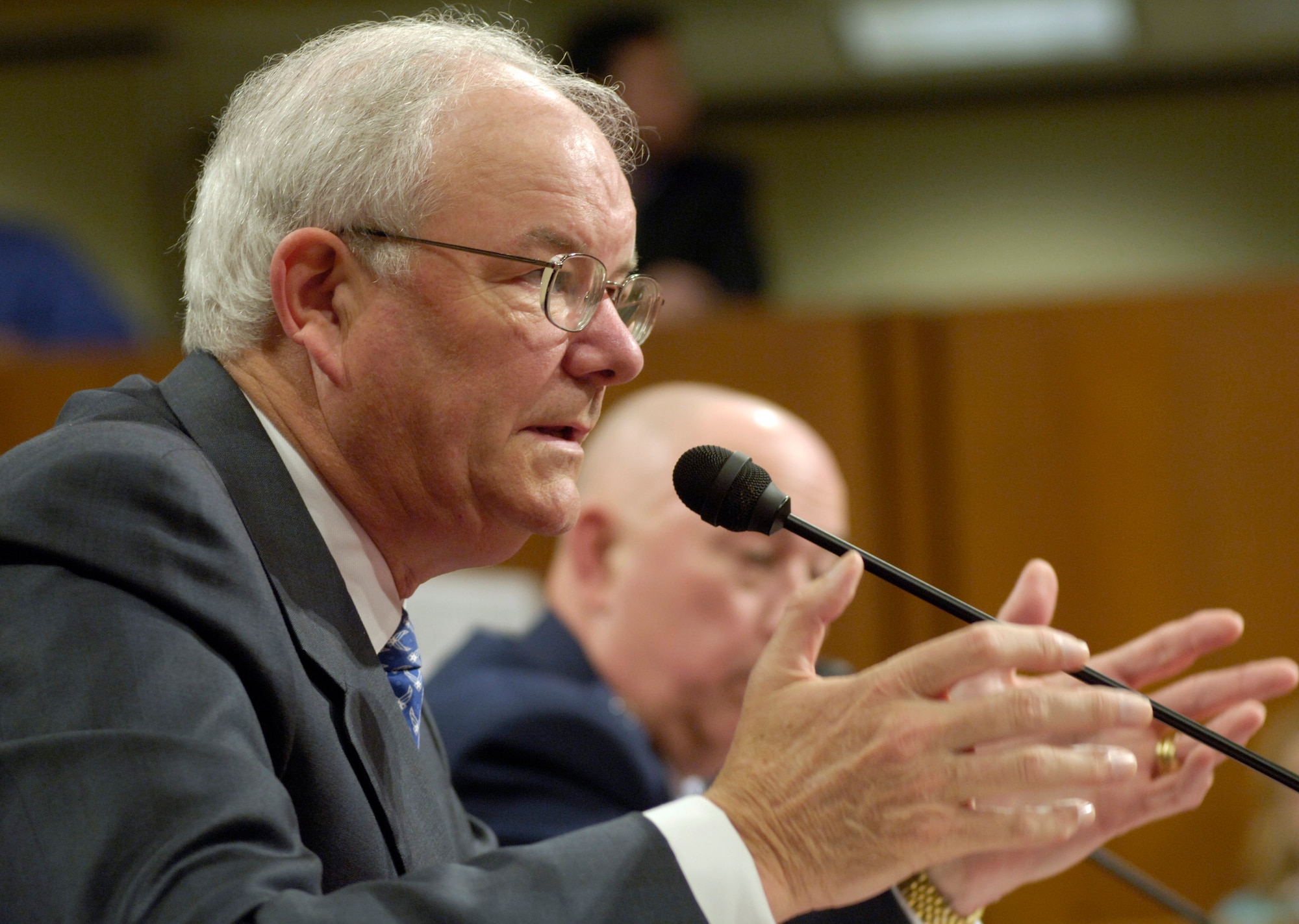 Secretary of the Air Force Michael W. Wynne answers questions during a Senate Armed Services Committee hearing Thursday, March 2, 2006, in Washington, D.C.  (U.S. Air Force photo/Master Sgt. Jim Varhegyi)