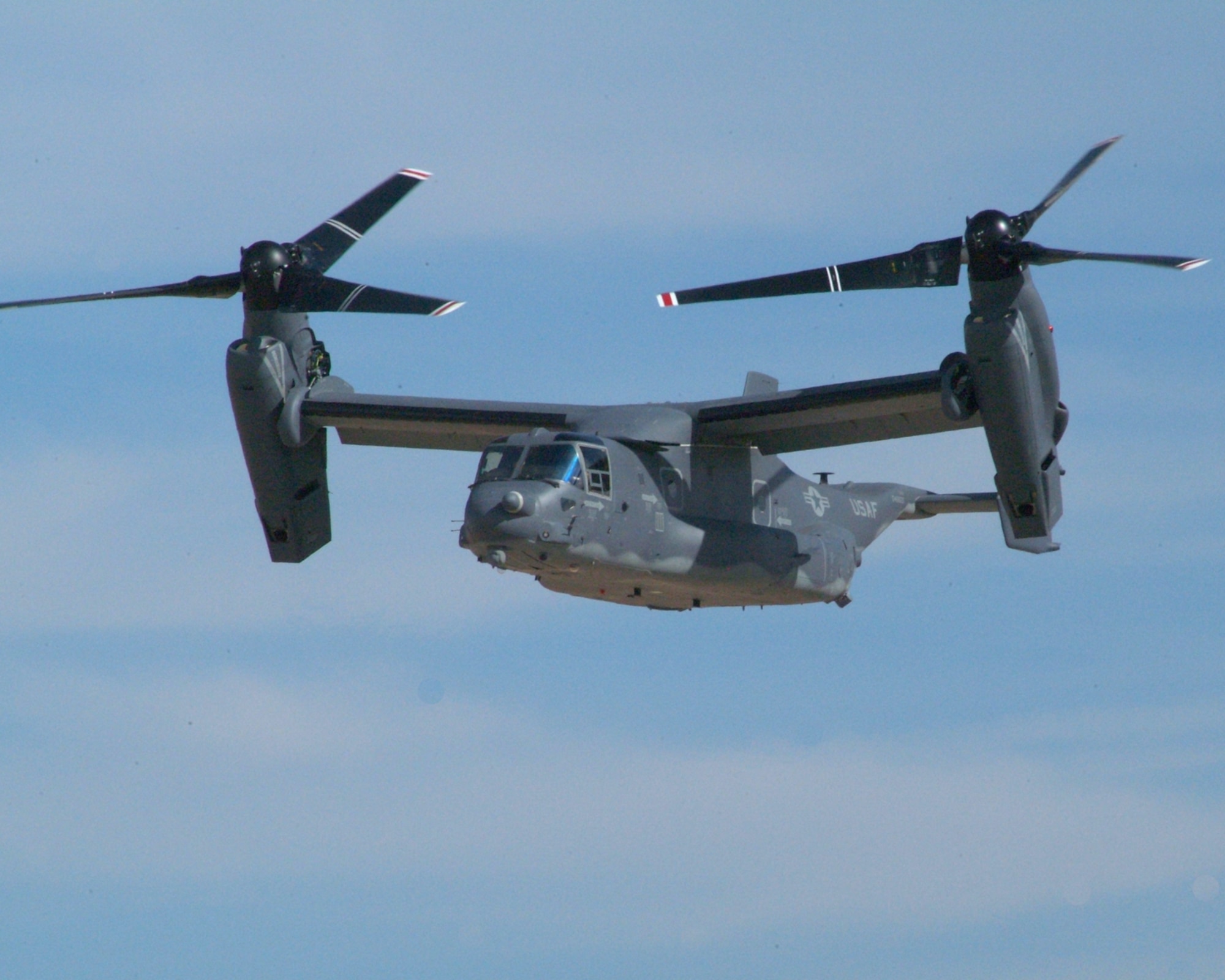 The first Block B/10 CV-22 converts between airplane and helicopter modes during a flight at the Bell Helicopter facility in Amarillo, Texas. (Photo courtesy Bell Helicopter)