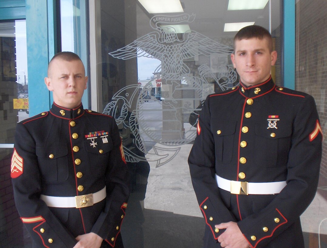 Sgt. Charles Ray, canvassing recruiter, Recruiting Substation Rochester, Recruiting Station Buffalo, stands next to Nick Leonhard who overcame broken vertebra in his back to realize his dream of becoming a Marine.