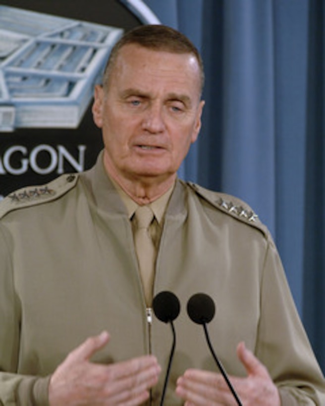 Commander of the U.S. European Command and NATO's Supreme Allied Commander Gen. James L. Jones, U.S. Marine Corps, conducts a Pentagon news briefing to update reporters on NATO transformation, NATO operations and European Command theater security cooperation activities. 