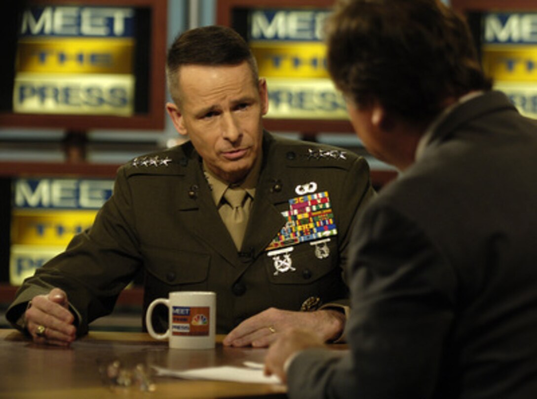 Chairman of the Joint Chiefs of Staff Gen. Peter Pace, U.S. Marine Corps, responds to a question asked by host Tim Russert during an interview on NBC's Meet the Press at the NBC studio in Washington, D.C., on March 5, 2006. 