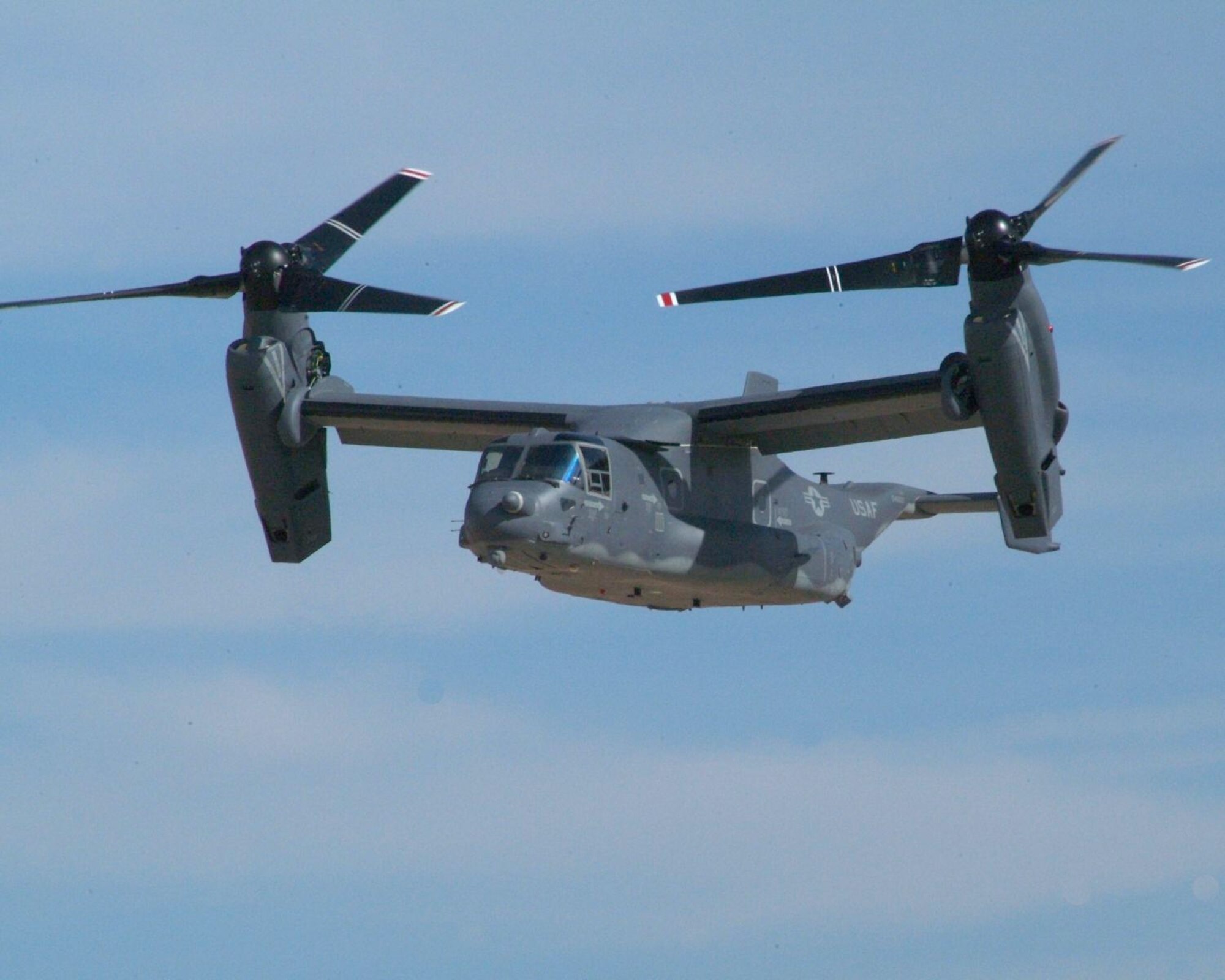 AMARILLO, Texas  - The first Block B/10 CV-22 converts between airplane and helicopter modes during a flight at the Bell Helicopter facility in Amarillo, Texas. (Photo courtesy of Bell Helicopter)

