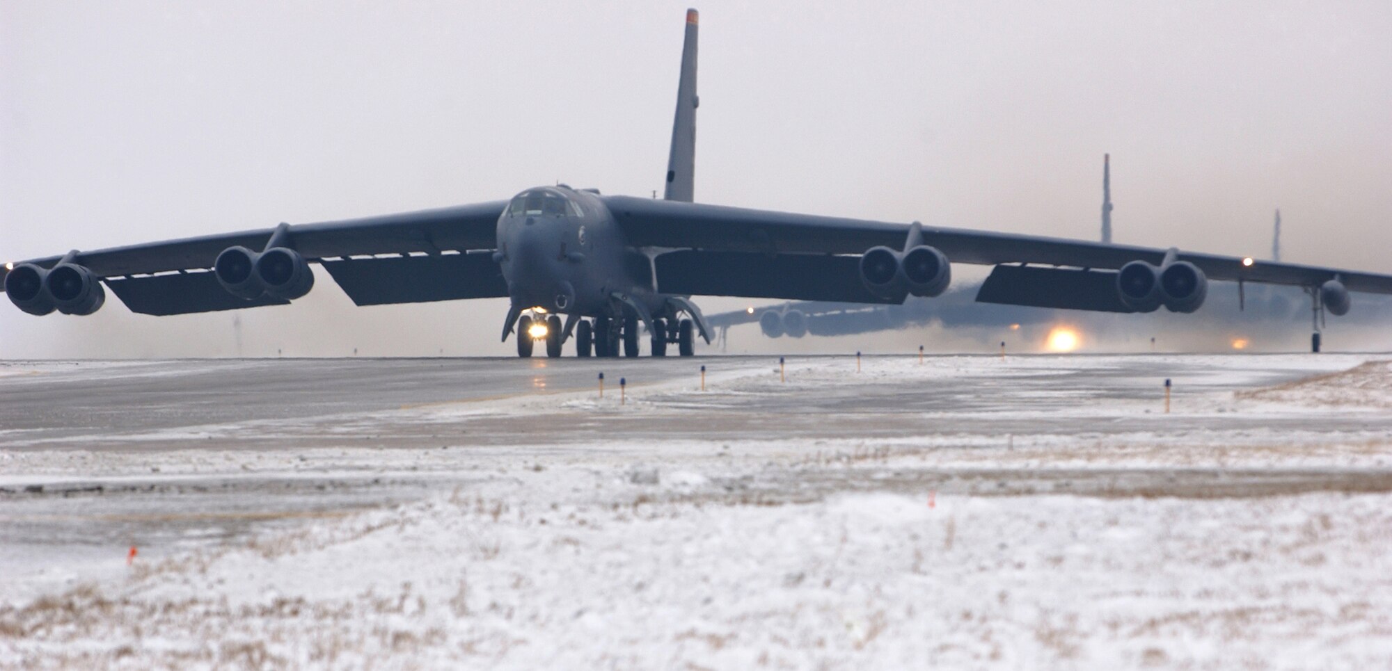 A B-52 Stratofortress taxis during an alert exercise at Minot Air Force Base, N.D., Monday, March 6, 2006.  Alert generation exercises are held to ensure the base can respond rapidly to national objectives.  (U.S. Air Force photo/Staff Sgt. Jocelyn Rich)

