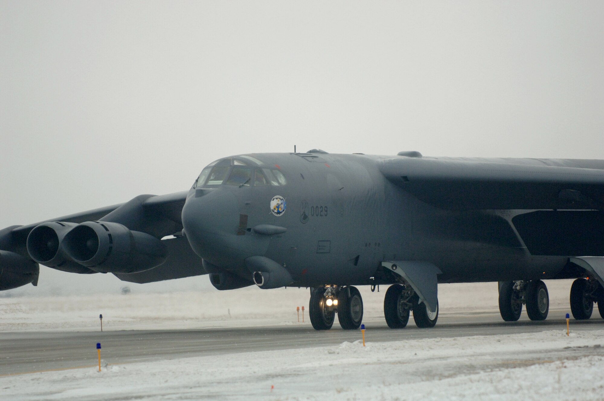 A B-52 Stratofortress taxis during an alert exercise at Minot Air Force Base, N.D., Monday, March 6, 2006.  Alert generation exercises are held to ensure the base can respond rapidly to national objectives.   (U.S. Air Force photo/Airman 1st Class Stacy Moless)
