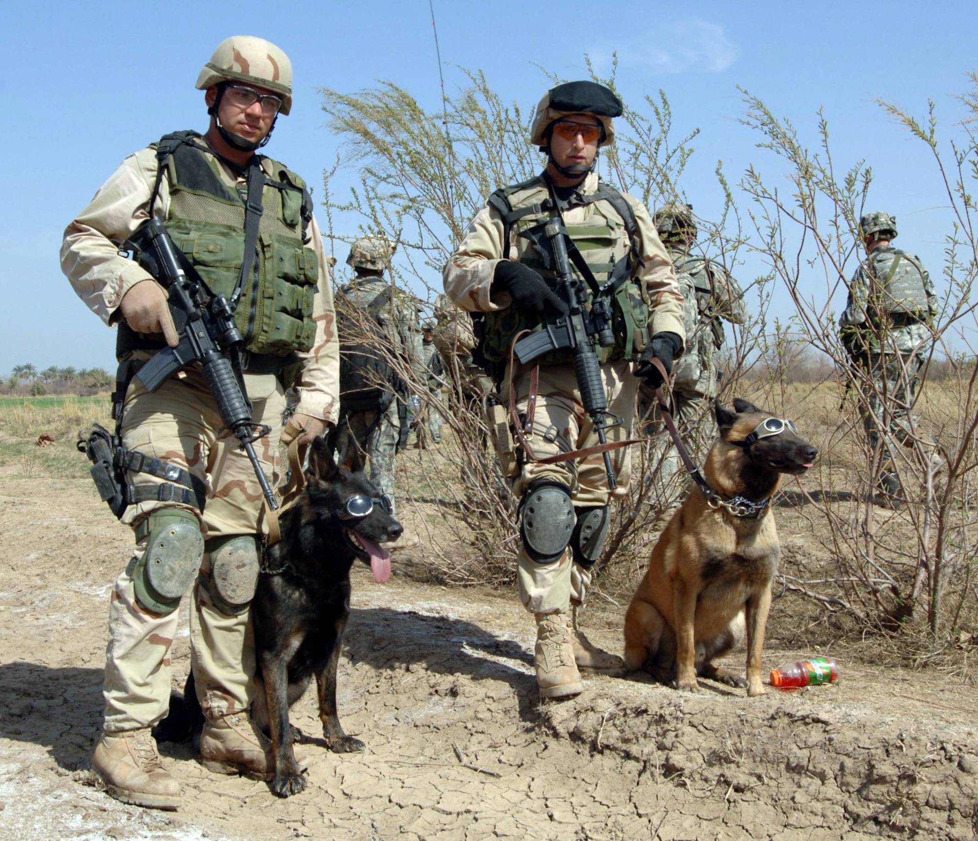 Tech. Sgt. John Mascolo and his military working dog, Ajax, left, await a helicopter pickup with Staff Sgt. Manny Garcia and his dog, Jimmy, outside Forward Operating Base Normandy, Iraq, on Tuesday, Feb. 28, 2006. The dogs are wearing "doggles" to prevent sand and debris from getting in their eyes during sandstorms or when near helicopters. The 35th Security Force Squadron Airmen and their dogs had completed a security sweep of a farmhouse looking for weapons and materials used to make improvised explosive devices. (U.S. Army photo/Pfc. William Servinski II)

