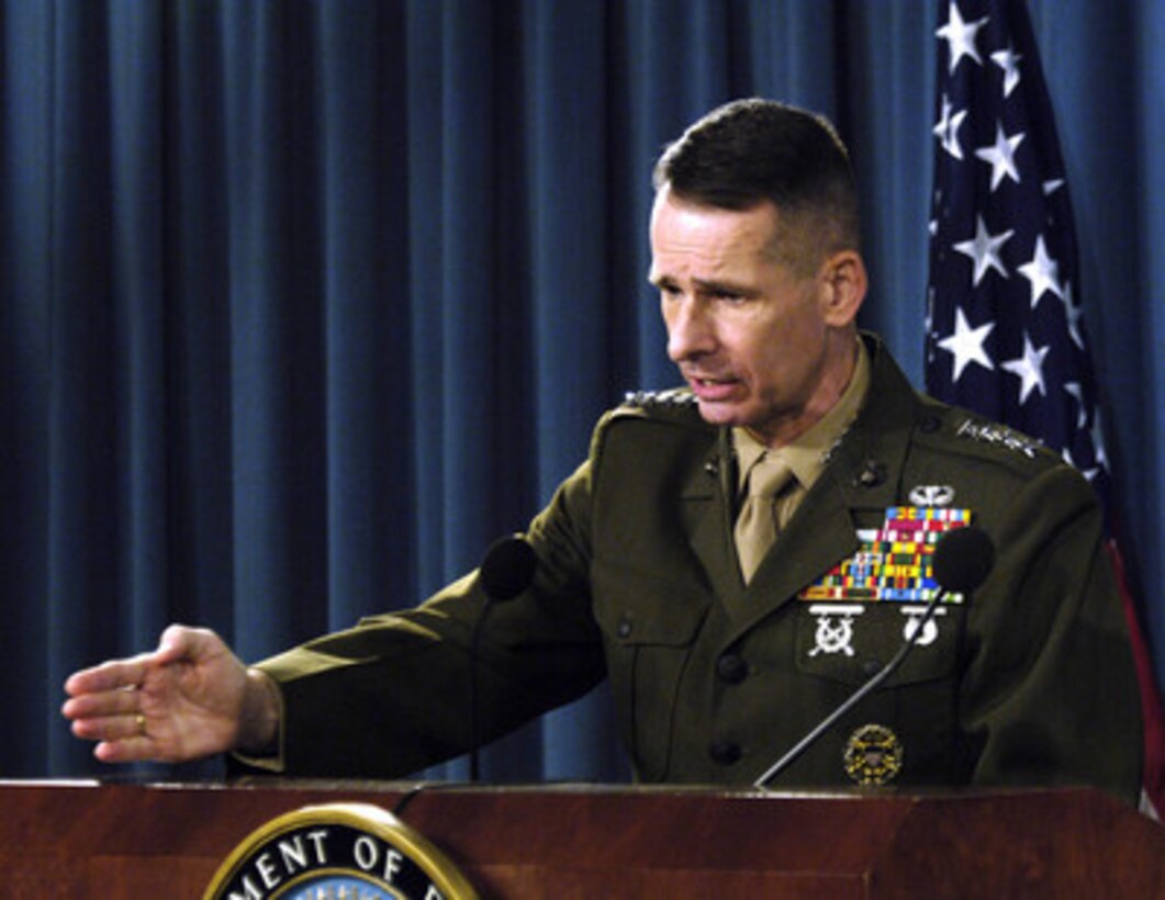 Chairman of the Joint Chiefs of Staff Gen. Peter Pace, U.S. Marine Corps, answers a question during a press conference at a Pentagon press briefing in Arlington, Va., on Mar. 7, 2006. Pace joined Secretary of Defense Donald H. Rumsfeld to take questions and brief reporters on the current situation in Iraq. 
