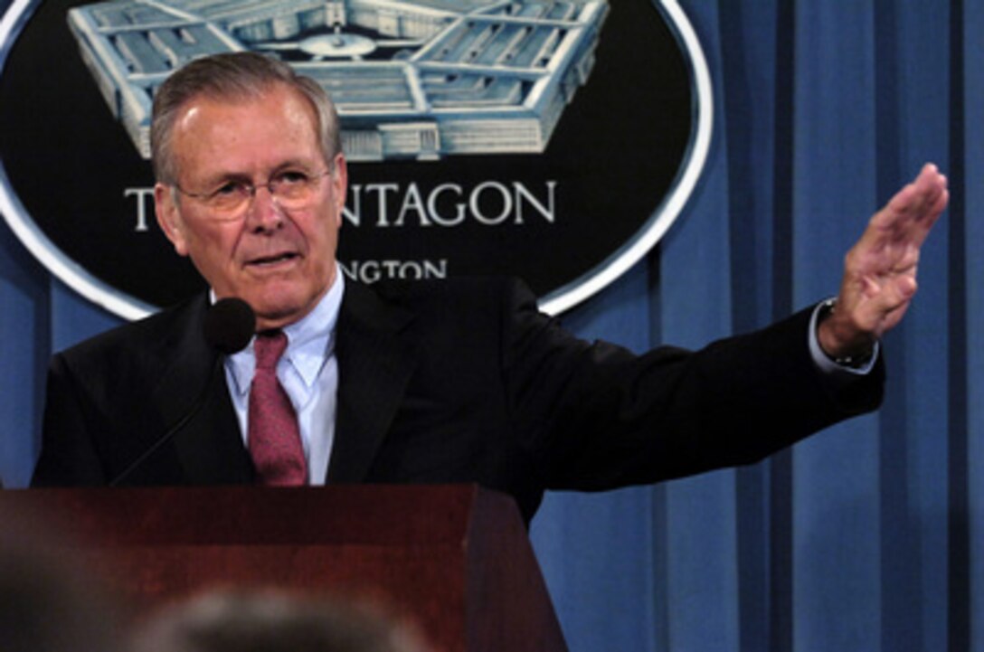 Secretary of Defense Donald H. Rumsfeld answers a journalist's question during a Pentagon press briefing in Arlington, Va., on Mar. 7, 2006. Rumsfeld talked to reporters about his recent trip to the Harry S. Truman Presidential Museum & Library in Independence, Mo., and the current situation in Iraq. Chairman of the Joint Chiefs of Staff Gen. Peter Pace, U.S. Marine Corps, joined Rumsfeld for the briefing. 
