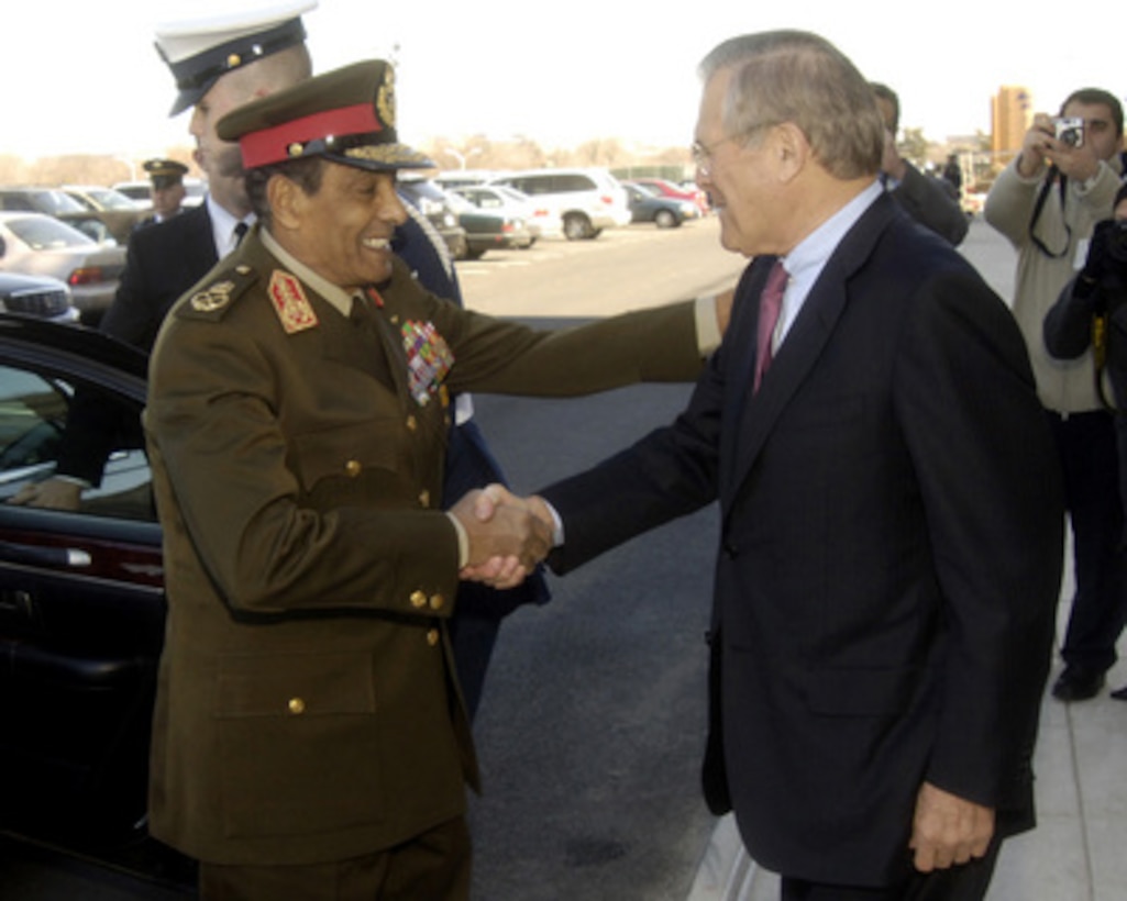 Secretary of Defense Donald H. Rumsfeld greets Egyptian Minister of Defense Field Marshal Mohamed Hussein Tantawi as he arrives at the Pentagon in Arlington, Va., on March 7, 2006. Tantawi, Rumsfeld and their senior advisors will meet over a working lunch to discuss security issues of mutual interest. 