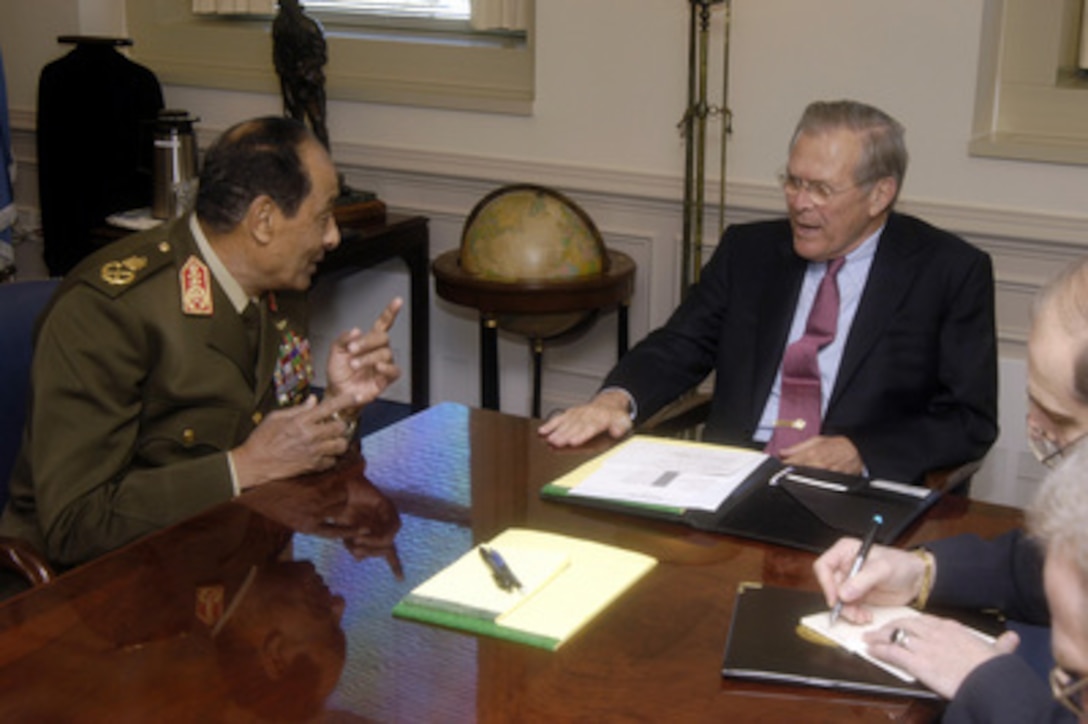 Secretary of Defense Donald H. Rumsfeld and Egyptian Minister of Defense Field Marshal Mohamed Hussein Tantawi have a brief meeting in Rumfeld's Pentagon office in Arlington, Va., on March 7, 2006. Rumsfeld, Tantawi and their senior advisors will later meet over a working lunch to discuss security issues of mutual interest. 