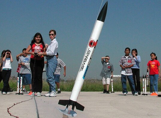 Fifth graders learn the basics of aerospace science during Starbase Kelly activities at Lackland Air Force Base, Texas.  Part of the learning involves designing, building and launching a rocket as part of their final project in the class. Starbase Kelly is sponsored by the 433rd Airlift Wing, Air Force Reserve, Lackland Air Force Base, Texas. (U.S. Air Force photo by Senior Master Sgt. Juan Villarreal)