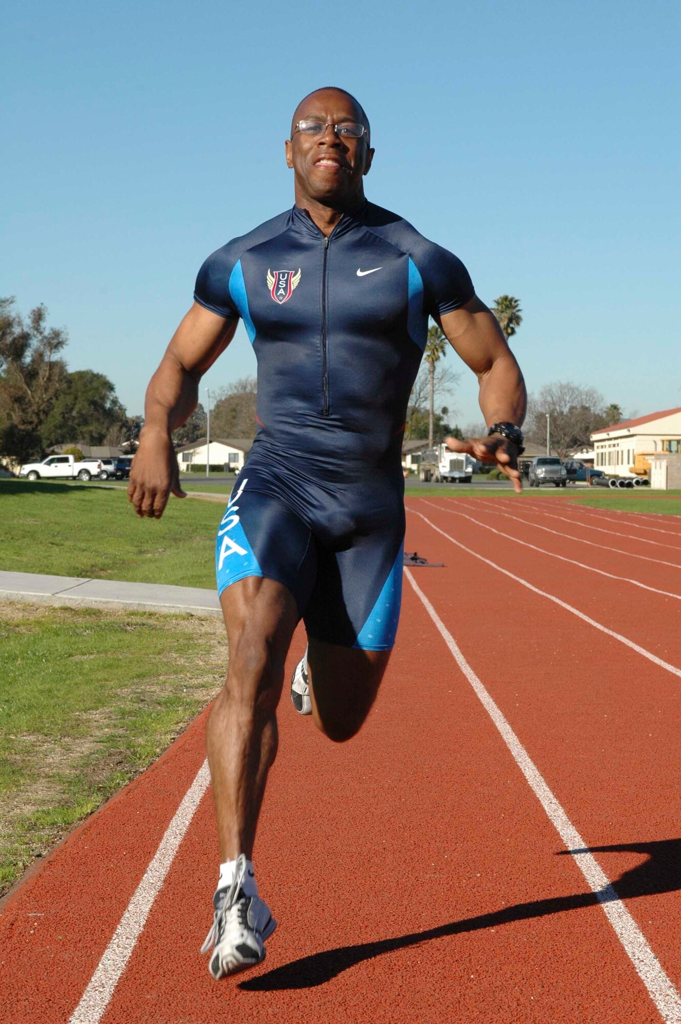 Vic Cardwell, a master sergeant with the 60th Aerial Port Squadron, is competing at the Southern California USATF Masters Indoor Championship, a track and field competition, in Los Angeles Sunday. Vic Cardwell began running track and field in eighth grade. He now coaches high school students in his spare time. (U.S. Air Force photo by Jennifer Brugman)