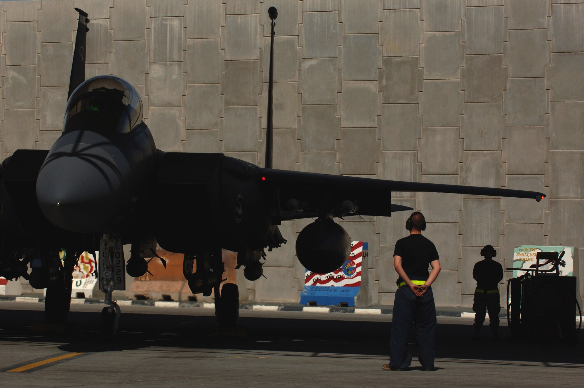 An F-15E Strike Eagle from the 336th Expeditionary Fighter Squadron prepares for takeoff Wednesday, March 8, 2006, at a deployed location in Southwest Asia. The 336th is home-based at Seymour Johnson Air Force Base, N.C. (U.S. Air Force photo/Staff Sgt. Joshua Strang)