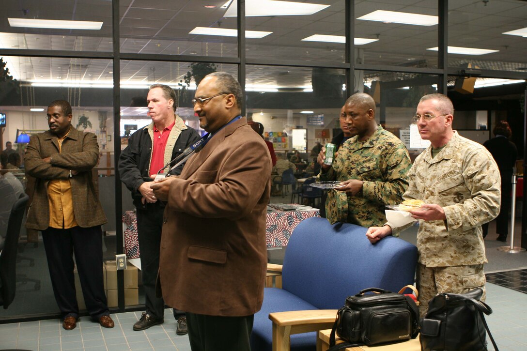 MARINE CORPS BASE CAMP LEJEUNE, N.C. -- Spectators gather at the French Creek Recreation Center March 9, to watch a demonstration on the newest training tool to help educate Marines on substance abuse. "First to Fight" is a video game released by the Marine Corps last year and includes a substance abuse training tool kit with every game handed out. Everyone who attended the event got a free game to take home and try out.