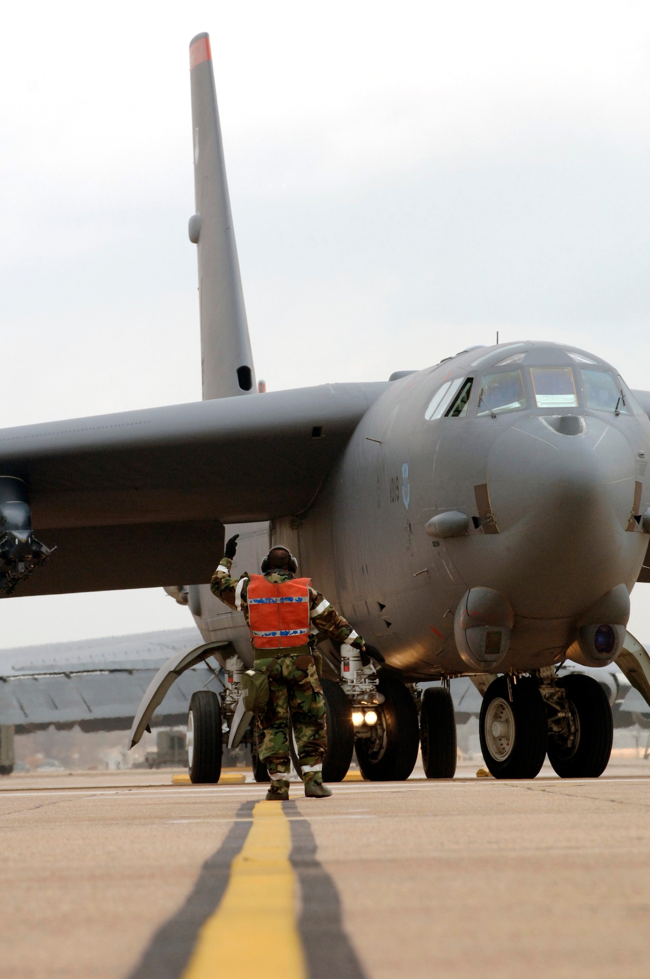 A B-52 Stratofortress taxis out from its parking location Wednesday, March 8, 2006, as flying operations come to a close for the conventional operational readiness exercise, or CORE, at Barksdale Air Force Base, La. The exercise simulated the deployment of aviation and combat support assets to a forward operating location. Units from the 2nd Bomb Wing and the 917th Wing participated. (U.S. Air Force photo/Master Sgt. Michael A. Kaplan)