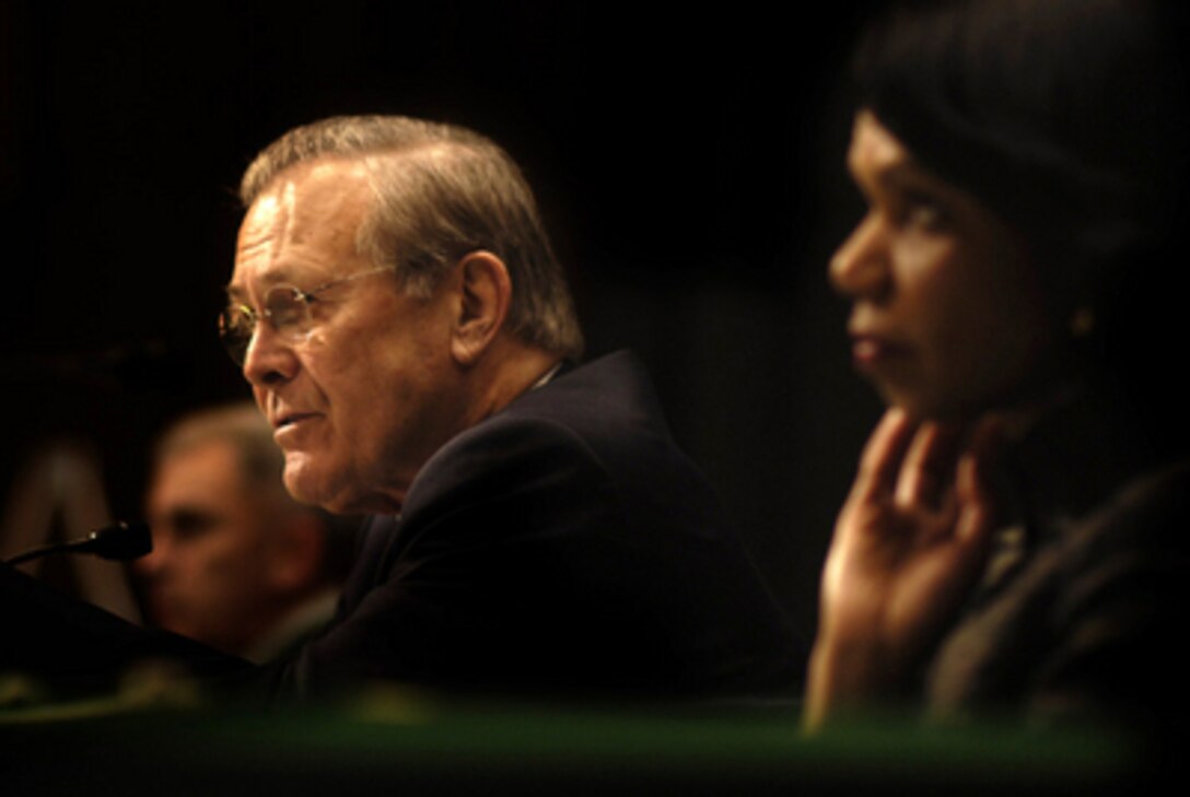 Secretary of Defense Donald H. Rumsfeld responds to a senator's question during his testimony before the Senate Appropriations Committee at the Dirksen Senate Office Building in Washington, D.C., on March 9, 2006. Secretary of State Condoleezza Rice, Chairman of the Joint Chiefs of Staff Gen. Peter Pace, U.S. Marine Corps, and Commander, U.S. Central Command, Gen. John Abizaid, U.S. Army, joined Rumsfeld in testimony before the committee. 