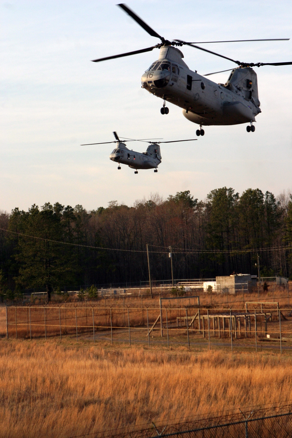CH-46E Sea Knights with Marine Medium Helicopter Squadron 365 (Reinforced) move to extract Maritime Special Purpose Force from a raid site March 10, 2006.  The raid was part of the 24th Marine Expeditionary Units Training in an Urban Environment, or TRUEX, taking place in the Hampton Roads, Va., area.
