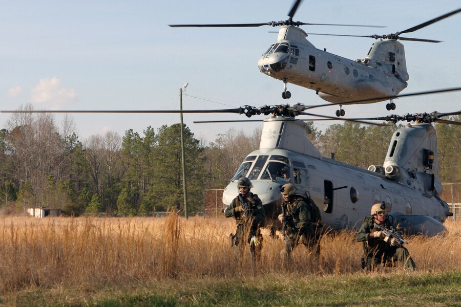 Maritime Special Purpose Force Marines with the 24th Marine Expeditionary Unit insert at a raid site March 10, 2006.  The raid was part of the 24th Marine Expeditionary Units Training in an Urban Environment, or TRUEX, taking place in the Hampton Roads, Va., area.