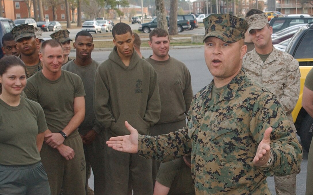 MARINE CORPS BASE CAMP LEJEUNE, N.C. - 1st Sgt. Michael Kagle, the first sergeant for Alpha Company, Headquarters and Support Battalion, Marine Corps Base, speaks to Marines who live in the barracks about the importance of field day. Photo by:  Lance Cpl. Adam Johnston