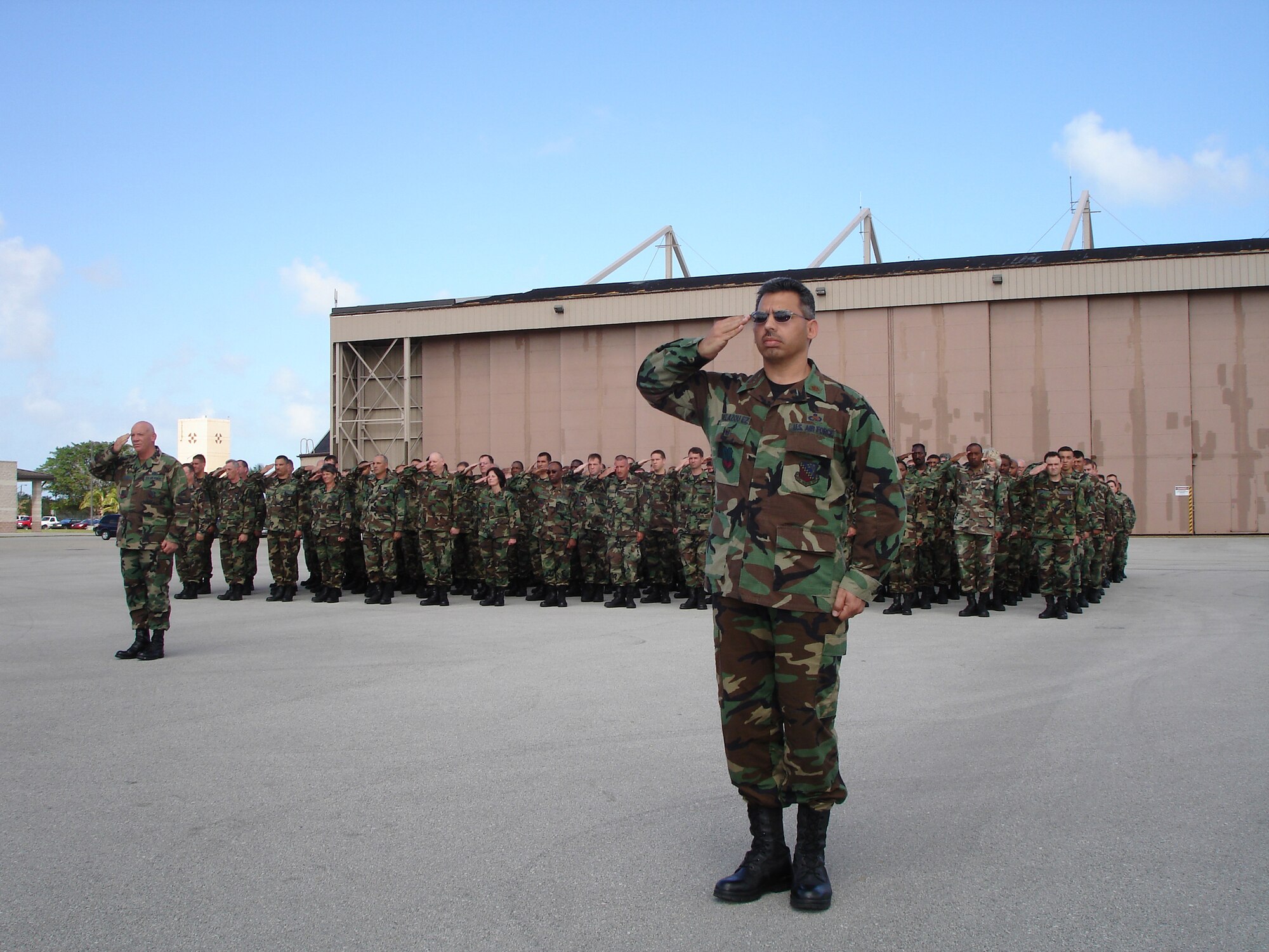 Airmen from the 482nd Maintenance Squadron present arms during the  482nd Maintenance Group’s change of command ceremony at Homestead Air Reserve Base, Fla. on March 11.  During the ceremony  Col. Herb Brown relinquished command to Col. T. Glenn Davis.  The maintainers provide direct support  to the 93rd Fighter Squadron’s 17 F-16s (U.S. Air Force Reserve photo by Jake Shaw).