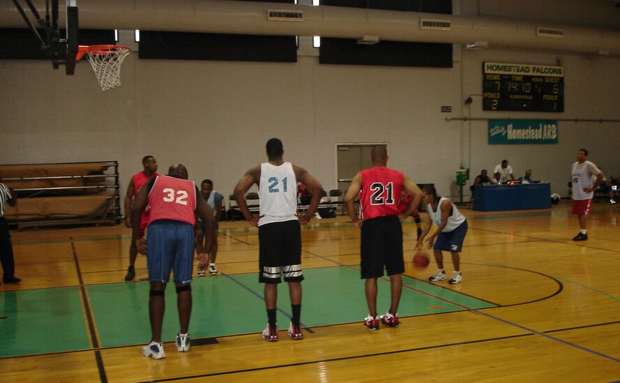 Felix Flores, a guard for the Homestead Air Reserve Base Nighthawks, steps to the free throw line in a game against Southern Command’s A team on March 7.  The Nighthawks shot 100 percent from the stripe in the 4th quarter to narrowly defeat Southern Command by a final score of 44-37 (U.S. Air Force Reserve photo by Jake Shaw).  