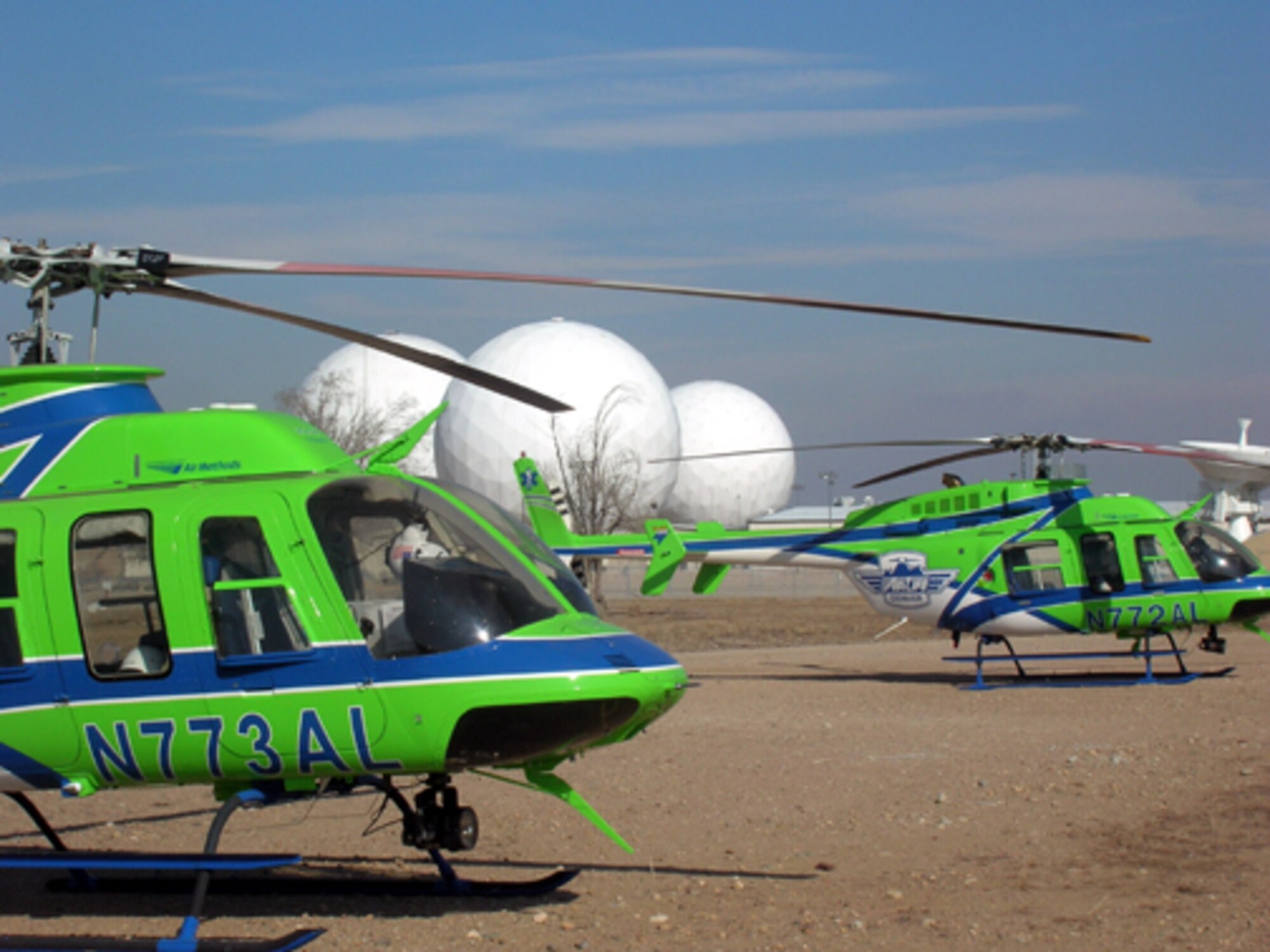BUCKLEY AIR FORCE BASE, Colo. -- Airlife (Flight for Life) helicopters land at Buckley AFB as part of the bi-annual emergency medical services conference. This was the first time the conference was held here.