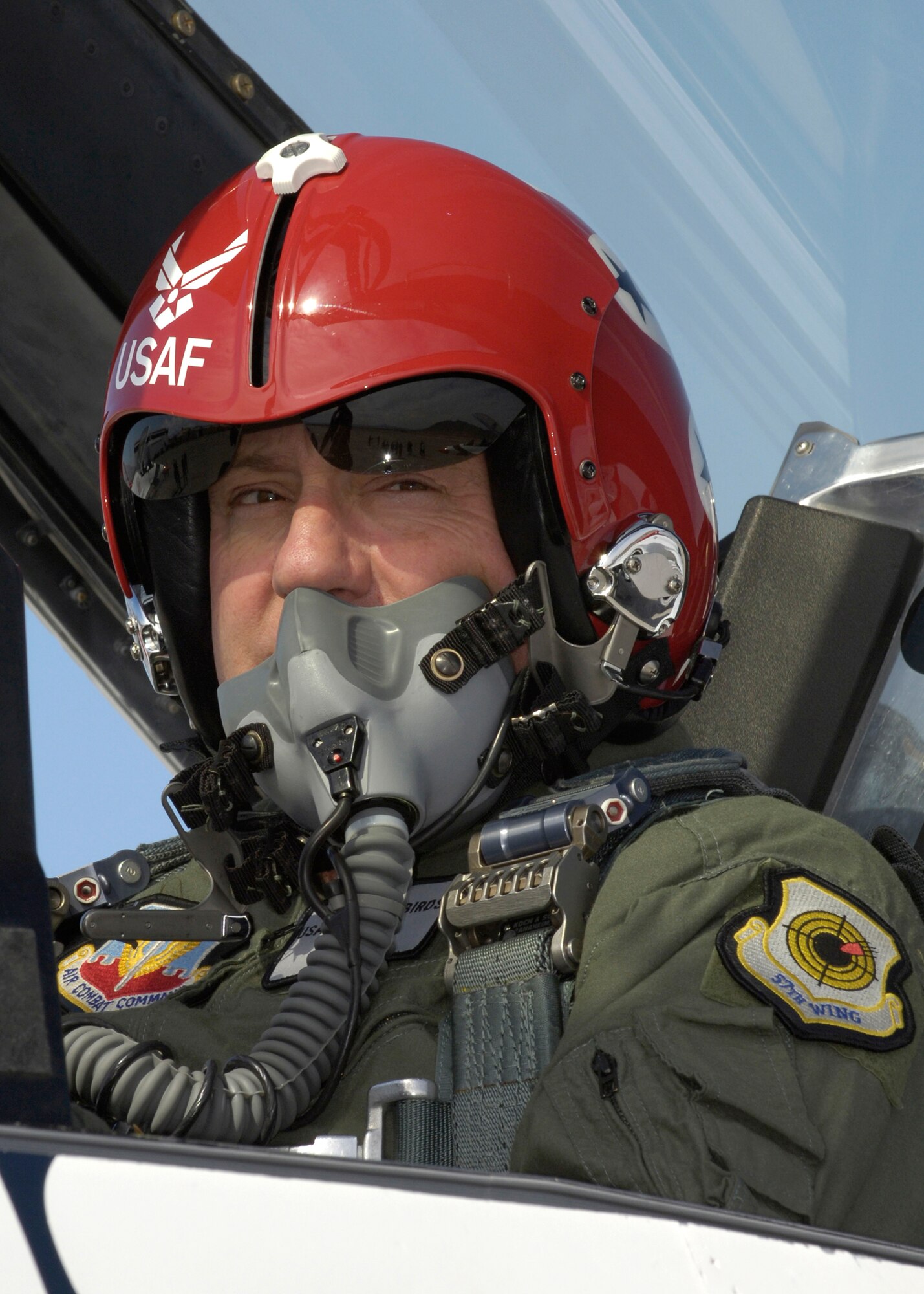 Kenny Schrader, driver of the Air Force #21 Wood Brothers/JTG Ford Fusion concentrates on his flight with the Air Force Thunderbirds.  Mr. Schrader received an orientation flight, Thursday, Mar. 9, 2006. (U.S. Air Force photo/Larry McTighe)