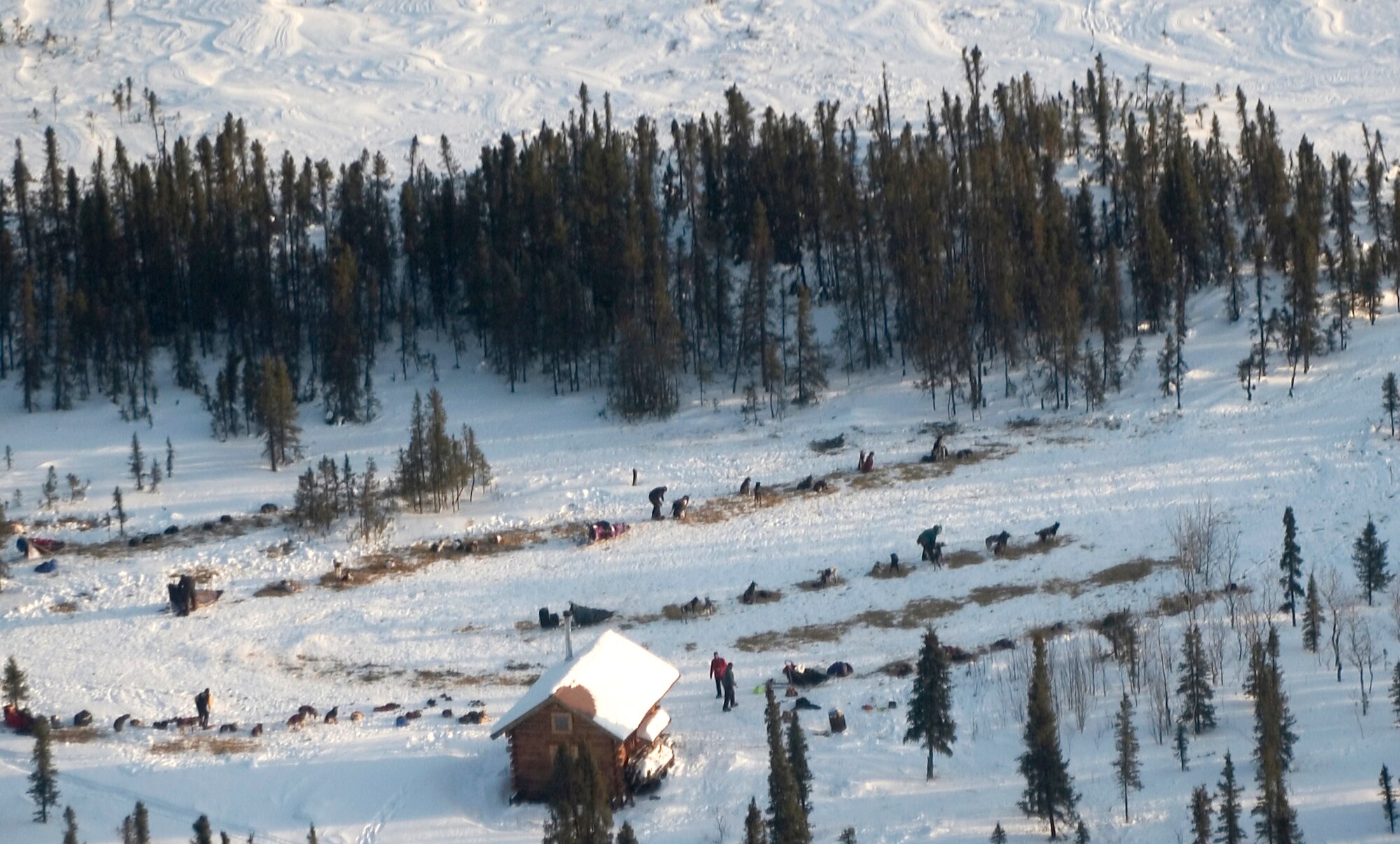 Maj. Tom Knolmayer, along with other mushers, stop at the 'Old Woman's Cabin' along a 90-mile stretch of the Iditarod dog sled race trial between Kaltag and Unalakleet checkpoints. The cabin is approximately 300 miles from the finish line at Nome, Alaska. Major Knolmayer is the chief of surgery at Elmendorf Air Force Base, Alaska's 3rd Medical Group and he is running his second Iditarod in as many years. (U.S. Air Force photo/Tech. Sgt. Keith Brown) 