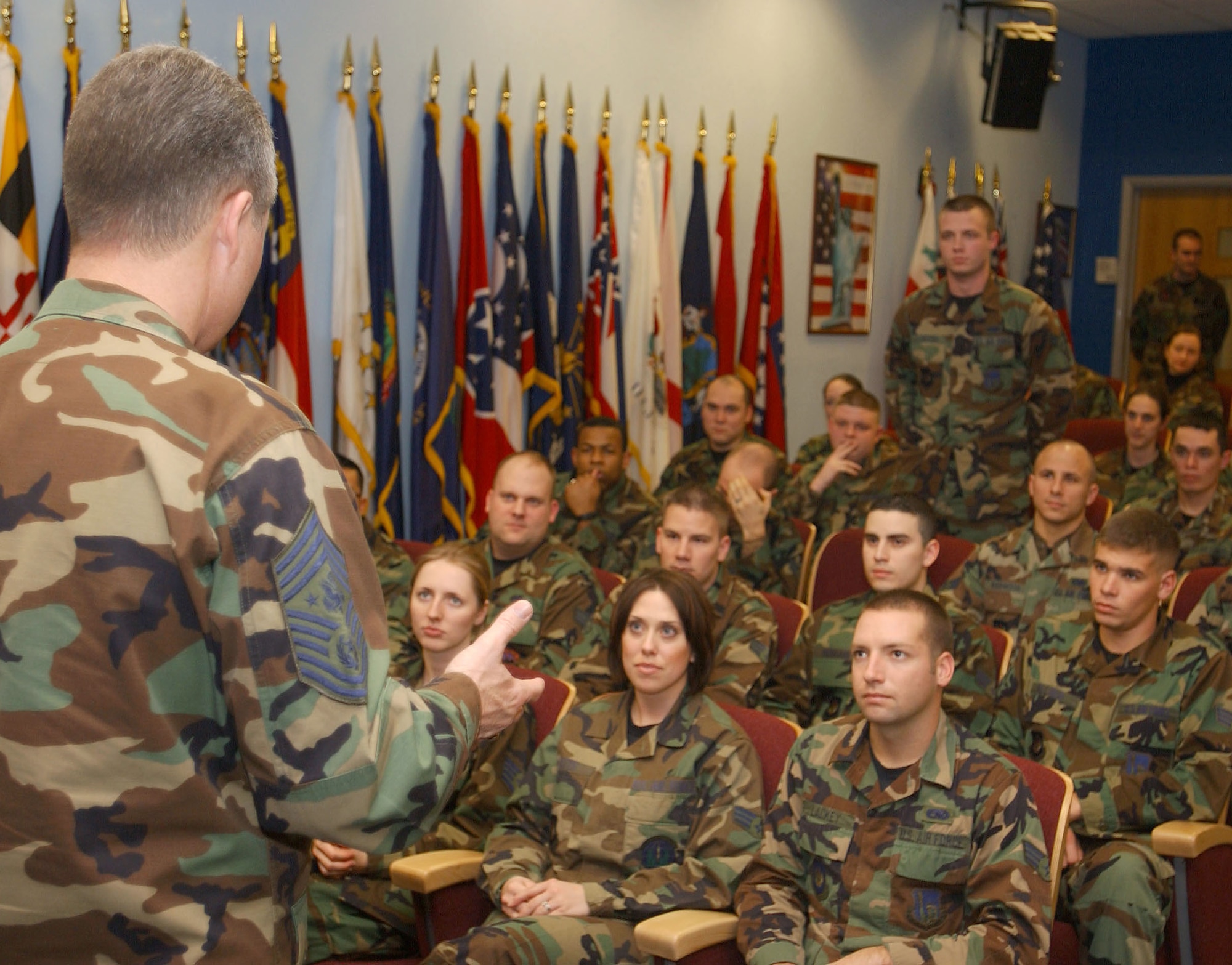 Chief Master Sgt. of the Air Force Gerald R. Murray speaks to Airmen attending the Mathies Airman Leadership School during his visit to RAF Lakenheath, United Kingdom, Friday, March 10, 2006. He spoke to the Class 2006-D Airmen about mentorship, force shaping and the steady increases in military pay compared to the civilian environment. (U.S. Air Force photo/Airman 1st Class Kristi Emler)