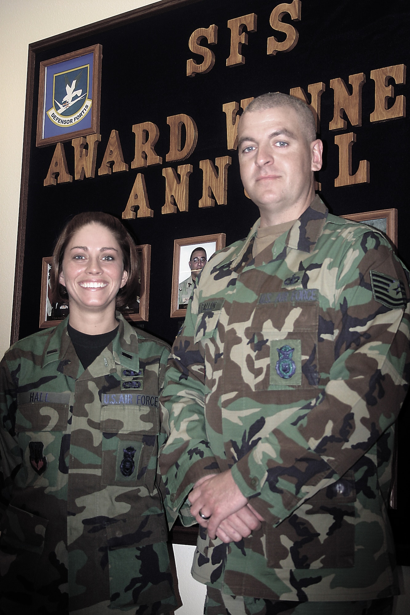 CANNON AIR FORCE BASE, N.M. -- First Lt. Megan Hall and Tech. Sgt. Paul Killgallon, 27th Security Forces Squadron, were Air Force Level Security Forces Award winners. Both will travel to Lackland Air Force Base, Texas in April to receive their awards. (U.S. Air Force photo by Janey Taylor-Birkey)