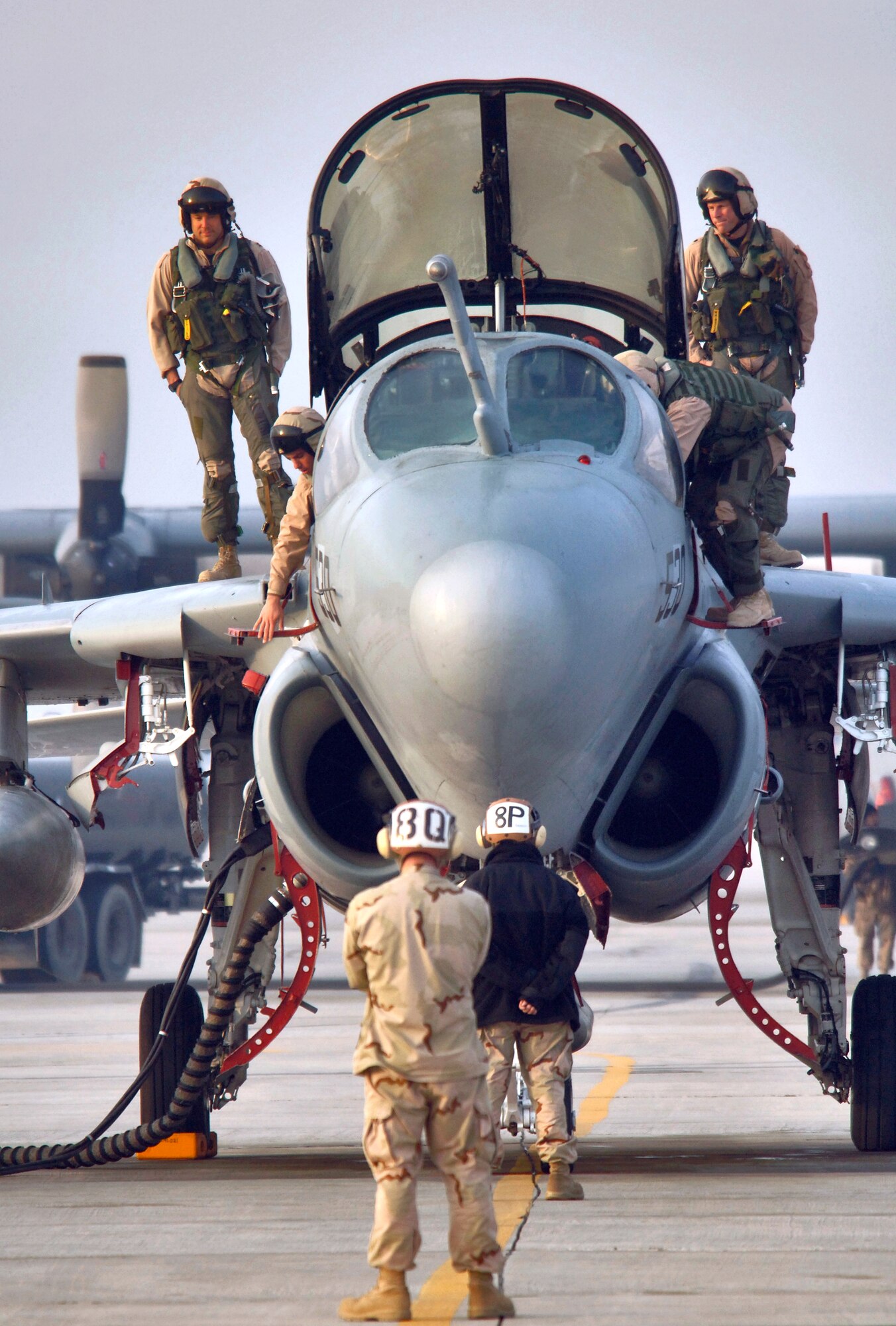 An EA-6B Prowler from Naval Air Station Whidbey Island, Wash., is prepared for launch Wednesday, March 8, 2006, for a sortie from its deployed location at Bagram Air Base, Afghanistan.  The squadron's mission is to dominate the enemy's electromagnetic spectrum through precise, lethal application of electronic attack.  (U.S. Air Force photo/Master Sgt. Lance Cheung)