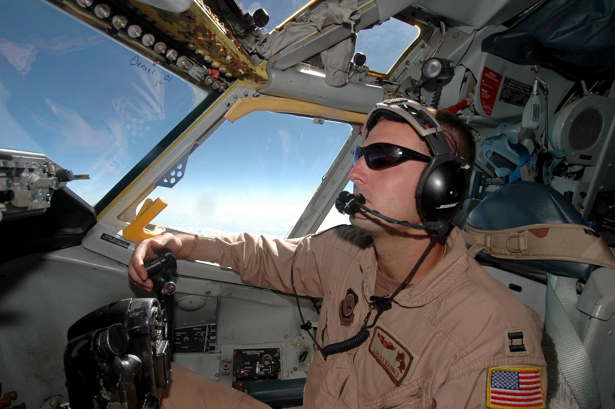 Capt. Lucas Karnes flies his plane during a refueling operation over the Indian Ocean. KC-135 Stratotankers refuel B-52 Stratofortressess that fly into Afghan airspace providing close air support to U.S. and coalition forces on the ground. Captain Karnes is a KC-135 pilot with the 28th Expeditionary Air Refueling Squadron. (U.S. Air Force photo/Staff Sgt. Doug Nicodemus)