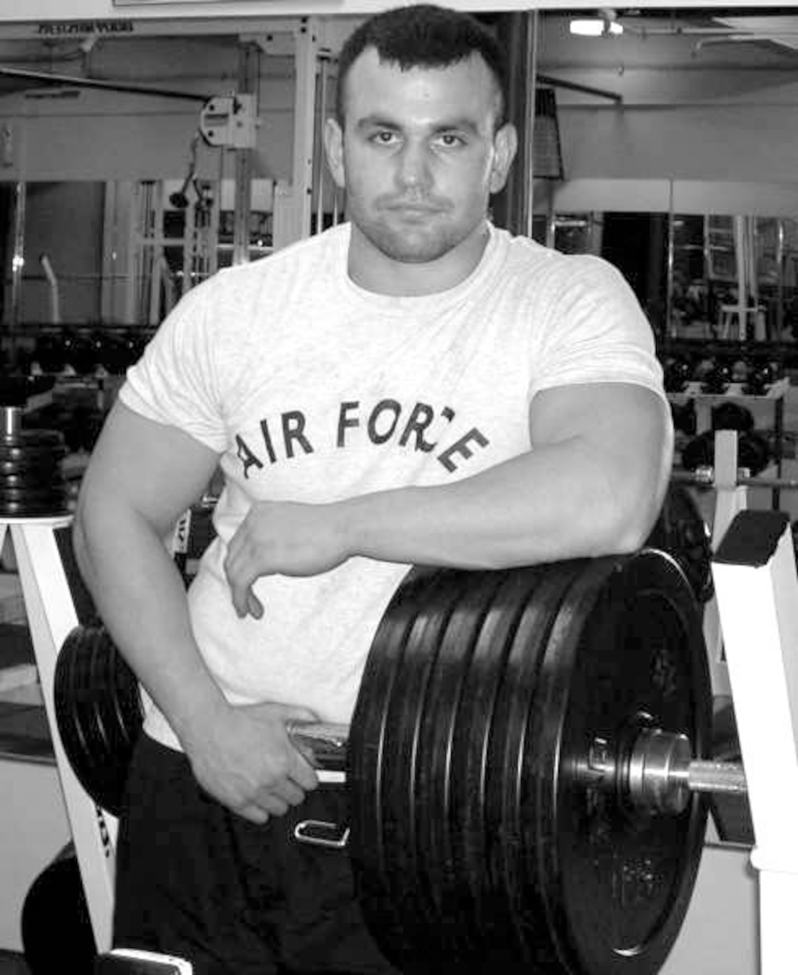 Senior Airman Rick Marrama takes a break from his bench pressing workout. He is a reservist in the 439th Maintenance Squadron at Westover Air Reserve Base, Mass. (Courtesy photo)

