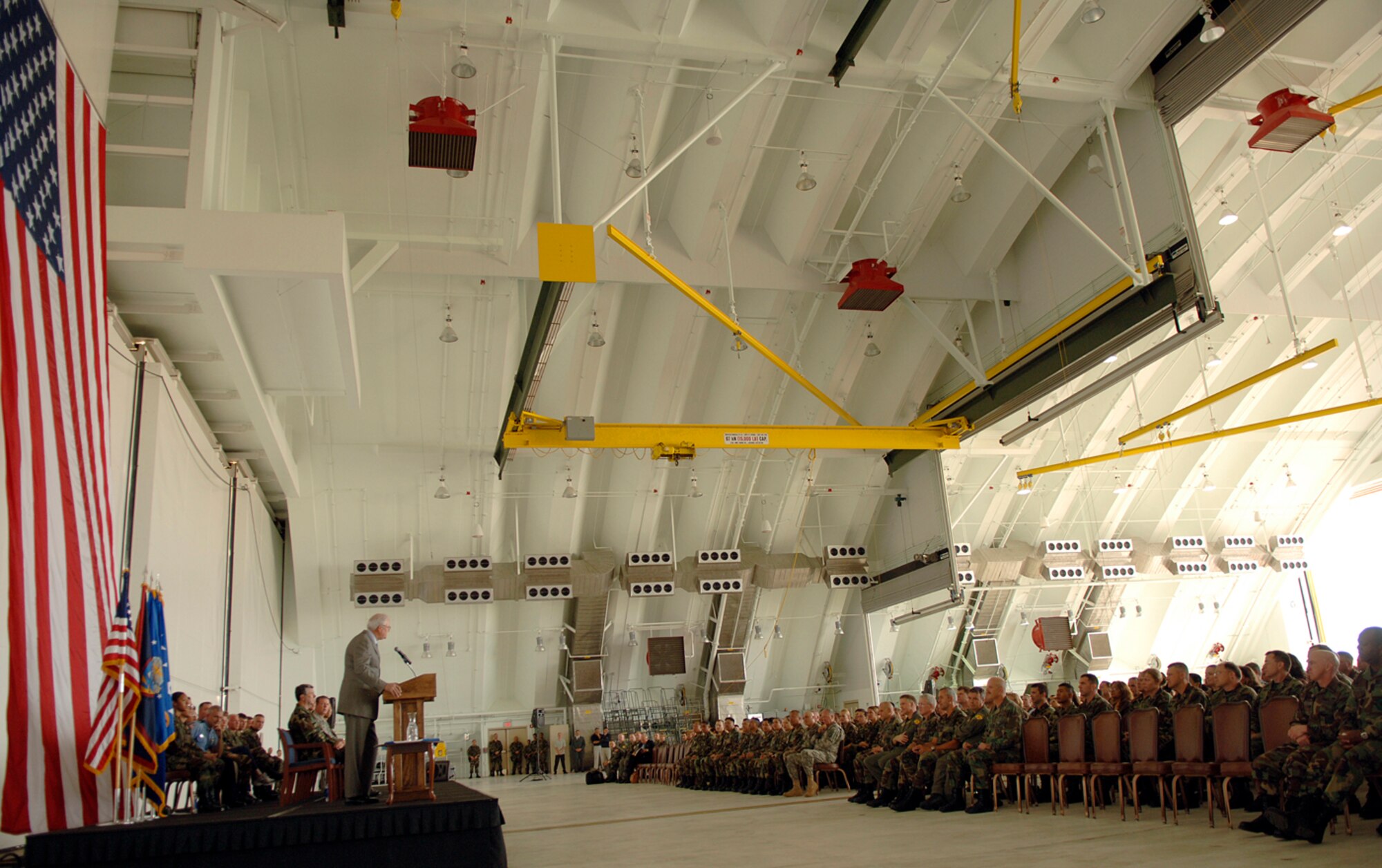 Secretary of the Air Force Michael W. Wynne speaks to Airmen about Air Force Smart Operations 21 at Andersen Air Force Base, Guam, Monday, March 20, 2006.  Secretary Wynne is responsible for organizing, training, equipping and providing for the welfare of nearly 370,000 men and women on active duty, 180,000 members of the Air National Guard and the Air Force Reserve, 160,000 civilians, and their families. (U.S. Air Force photo/Staff Sgt. Bennie J. Davis III)
 
