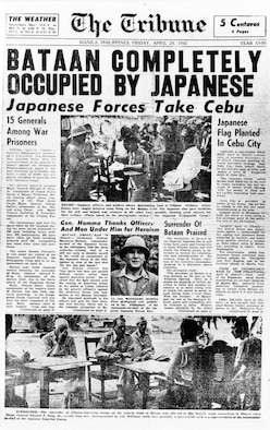 The invading Japanese controlled the Philippine media, which portrayed imperial forces as helpful liberators. In reality, the Japanese were committing brutal war crimes like the Bataan Death March. This front page claims that Japanese occupation will bring peace and tranquility to the Philippines. (U.S. Air Force photo)