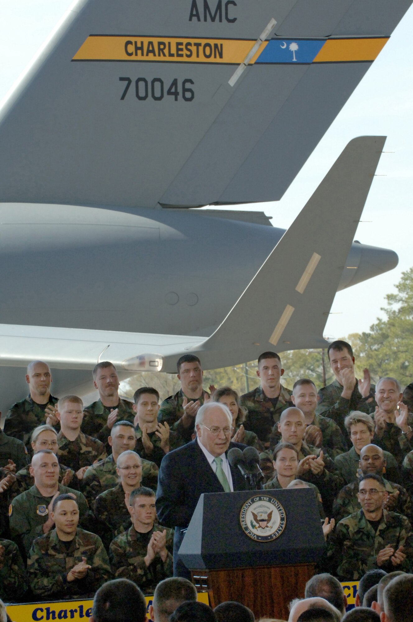 Vice President Dick Cheney speaks to a crowd of more than 2,750 military members and their families at Charleston Air Force Base, S.C., Friday, March 17, 2006, to thank Airmen of the 437th and 315th Airlift Wings for their contributions in fighting the war on terror. (U.S. Air Force photo/Airman 1st Class Nicholas Pilch) 


