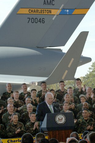 Vice President Dick Cheney speaks to a crowd of more than 2,750 military members and their families at Charleston Air Force Base, S.C., Friday, March 17, 2006, to thank Airmen of the 437th and 315th Airlift Wings for their contributions in fighting the war on terror. (U.S. Air Force photo/Airman 1st Class Nicholas Pilch) 