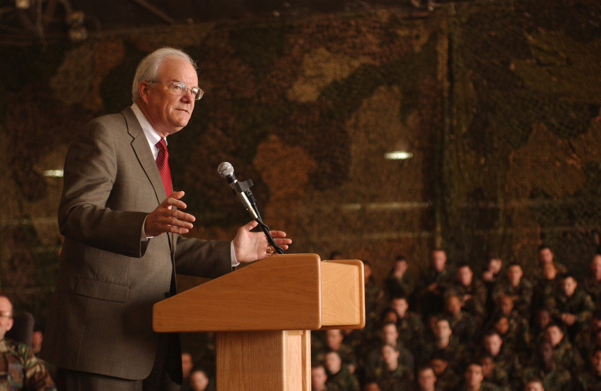 Secretary of the Air Force Michael W. Wynne speaks to Airmen Tuesday, March 21, 2006, during his visit to Osan Air Base, South Korea.  (U.S. Air Force photo/Airman Gina Chiaverotti)