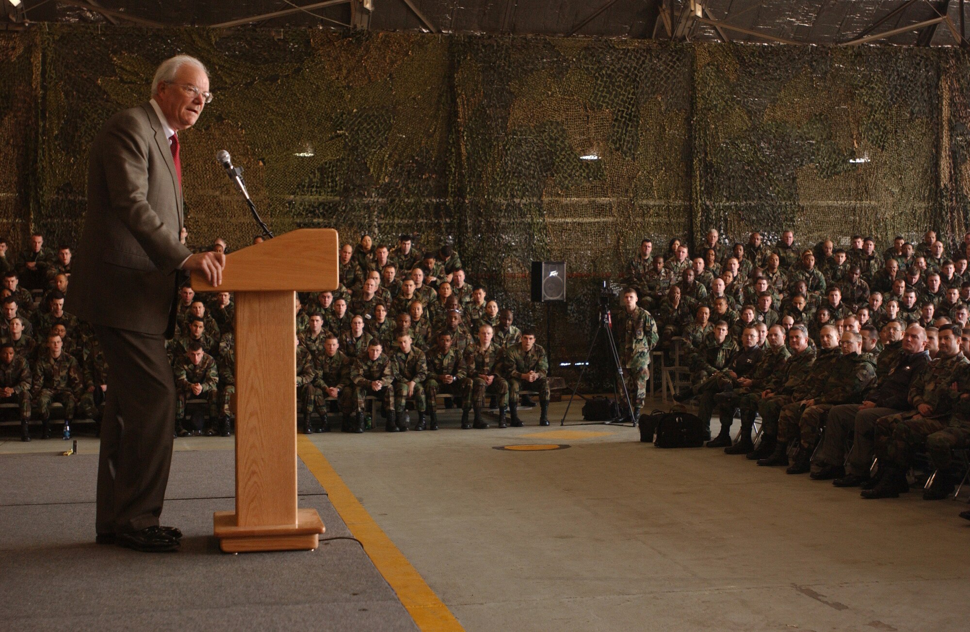 Secretary of the Air Force Michael W. Wynne speaks to Airmen Tuesday, March 21, 2006, during his visit to Osan Air Base, South Korea.  (U.S. Air Force photo/Airman Gina Chiaverotti)