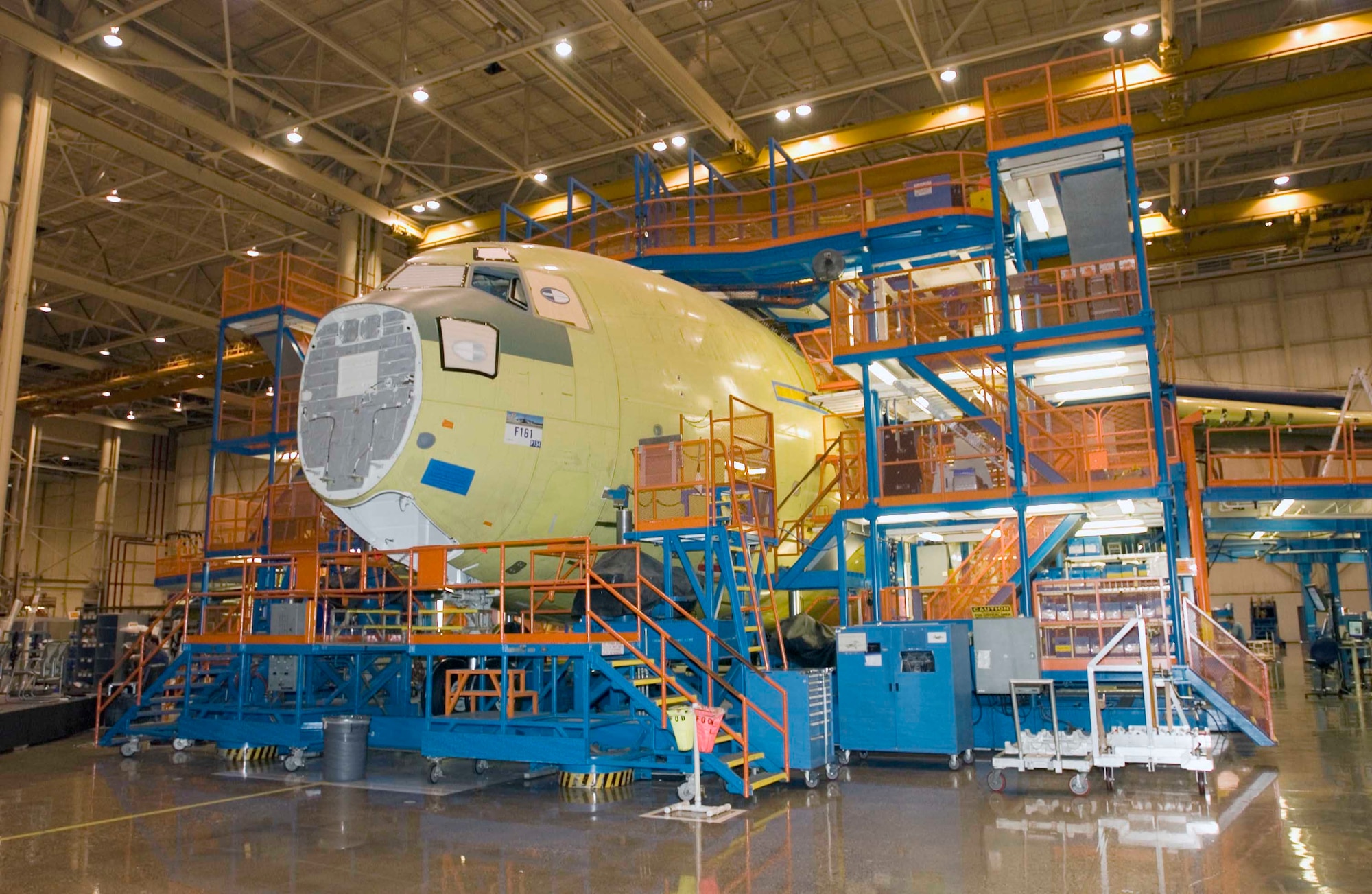 Travis’ first C-17 in production sits at the Boeing plant in Long Beach, Calif. Approximately 70 base representatives from the 60th Air Mobility Wing and 349th AMW traveled to the Boeing plant March 17 to participate in the Major Join ceremony that marked a milestone in the production of the C-17 Globemaster III when the primary portions of the aircraft came together. The aircraft will be dedicated to the local community for their ongoing support and receive the name “Spirit of Solano.” (U.S. Air Force photo by David Cushman)