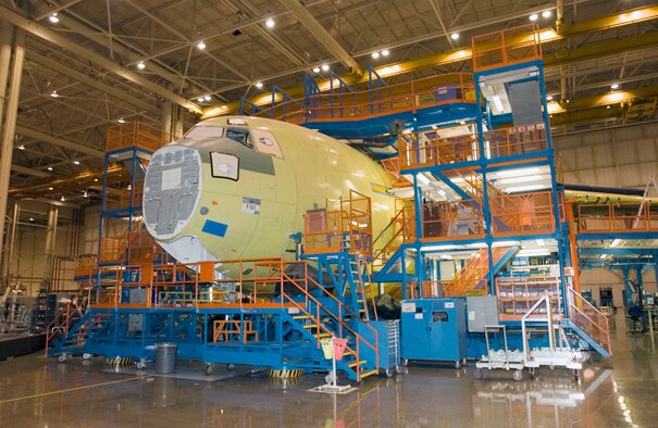 Travis’ first C-17 in production sits at the Boeing plant in Long Beach, Calif. Approximately 70 base representatives from the 60th Air Mobility Wing and 349th AMW traveled to the Boeing plant March 17 to participate in the Major Join ceremony that marked a milestone in the production of the C-17 Globemaster III when the primary portions of the aircraft came together. The aircraft will be dedicated to the local community for their ongoing support and receive the name “Spirit of Solano.” (U.S. Air Force photo by David Cushman)