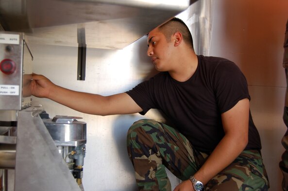 Airman First Class Valente Carreon, 433rd Services Squadron, shows his co-workers the Babington Multi-fuel Burner (PMB) during a recent field training exercise. the PMB it is the newest cooking element available to Services in the field and replaces the previous single burner model. The PMB is part of the Single Pallet Expeditionary Kitchen. The SPEK is used to support early deployments with hot food. the SPEK was designed to prepare heat & serve Unitized Group Rations to 550 people.  A team of eight Services folks can erect the platform and start feeding troops within a few hours after the arrival of rations and equipment. (U.S. Air Force photo by Senior Airman Jonathan Simmons)


