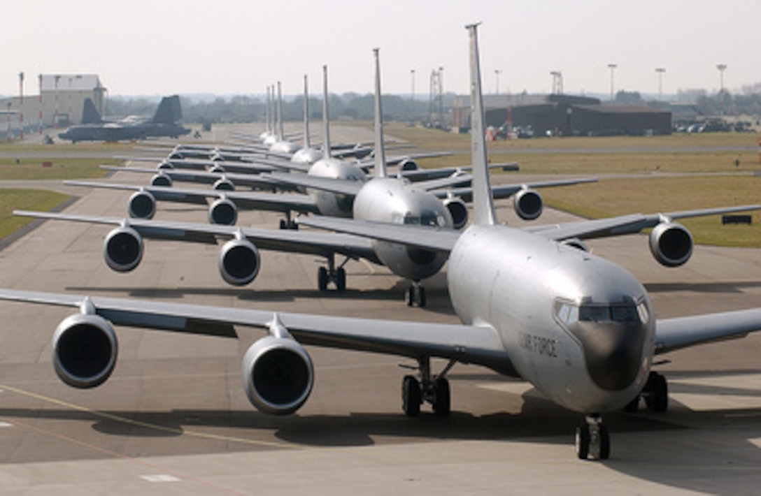 Seven U.S. Air Force KC-135 Stratotanker aircraft line up on the flight line for a training mission at Royal Air Force Station Mildenhall, United Kingdom, on March 13, 2006. 