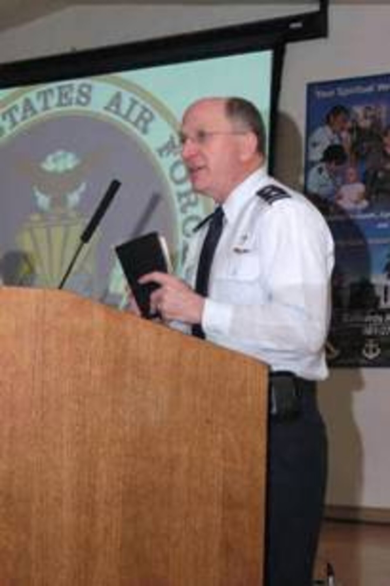 EDWARDS AIR FORCE BASE, Calif.  - Chaplain (Maj. Gen.) Charles Baldwin, Air Force Chaplain Service chief, speaks at the National Prayer Breakfast at Edwards Air Force Base's Club Muroc March 16. (Air Force photo by Airman 1st Class Julius Delos Reyes)

