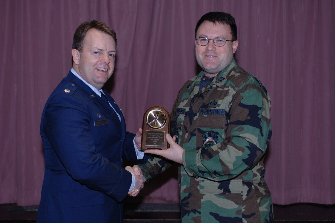 Capt. Joel Nonnweiler (right), 422nd Communications Squadron, receives his award for 422nd Communications Squadron CGO of the Year from Lt. Col. George Lamont, 422nd CS commander.