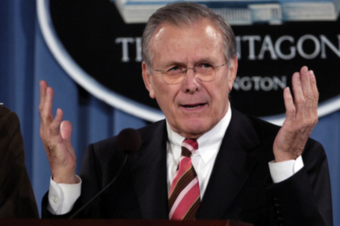 Secretary of Defense Donald H. Rumsfeld talks to reporters during a Pentagon press briefing in Arlington, Va., on March 28, 2006. Rumsfeld spoke of his trip to the crash site of United Flight 93 on Sept. 11, 2001, in Shanksville, Pa., in his opening remarks before taking questions from reporters with Chairman of the Joint Chiefs of Staff Gen. Peter Pace, U.S. Marine Corps. 