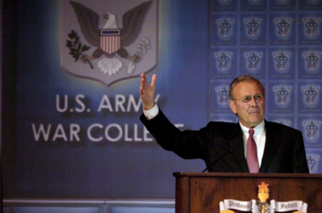 Secretary of Defense Donald H. Rumsfeld speaks to students and faculty at the U.S. Army War College at Carlisle Barracks in Carlisle, Pa., on March 27, 2006. Carlisle Barracks, the nation's second oldest military post behind West Point, is home to the U.S. Army's War College, educating future senior leaders of the Army and the joint, interagency, intergovernmental and multinational communities. 