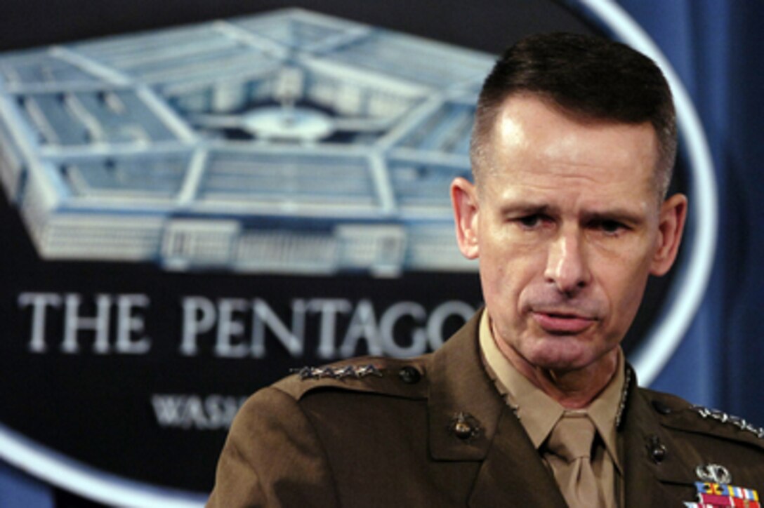Chairman of the Joint Chiefs of Staff Gen. Peter Pace, U.S. Marine Corps, answers a reporter's question during a Pentagon press briefing with Secretary of Defense Donald H. Rumsfeld in Arlington, Va., on March 28, 2006. Pace spoke to reporters about his trip to Turkey, Saudi Arabia and Pakistan. Pace and Rumsfeld briefed reporters on operations in Iraq. 