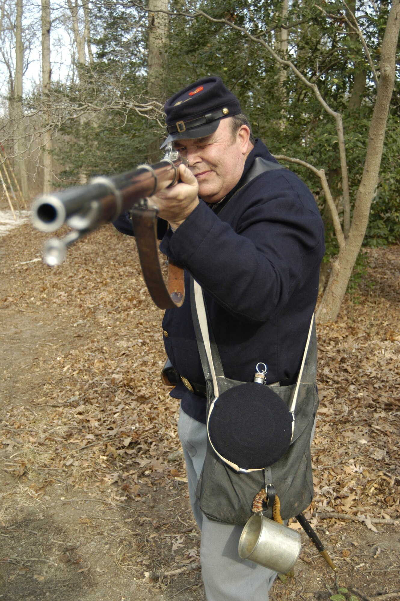 Master Sgt. James Ralph, 512th Airlift Control Flight, stands in firing position dressed in a Union Army uniform. Sergeant Ralph is a reservists with the 512th Airlift Wing, Dover Air Force Base, Del.